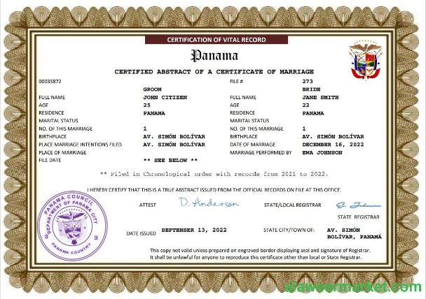 Panama marriage certificate Word and PDF template